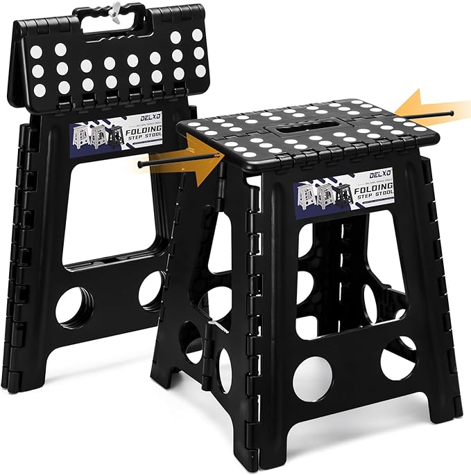 Delxo 16 Inch Folding Step Stool,Foldable Stool for Adults with Safety Lock,Portable Collapsible Plastic Stepstool,Non Slip Folding Stools for Kitchen Bathroom Bedroom Up to 400LBS,(Black 1PC) Delxo