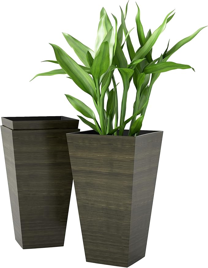 Outsunny Tall Planter for Outdoor Plants Set of 3, 28 Inch Taper Planter with Drainage Holes, Wood Grain Decor Garden Pot for Indoor Outdoor Porch Patio Backyard, Dark Brown Outsunny