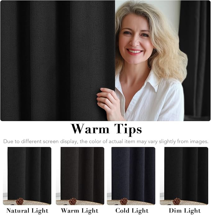 H.VERSAILTEX Linen Blackout Curtains 63 Inches Long 100% Blackout Thermal Insulated Textured Linen Look Curtain Draperies Anti-Rust Grommet, Energy Saving with White Liner, 2 Panels, Black HVERSAILTEX