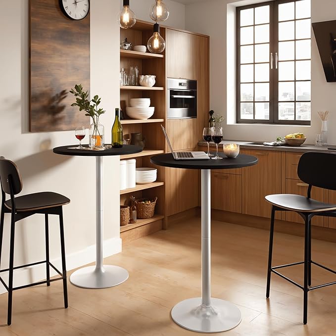 Furmax Bistro Pub Table Round Bar Height Cocktail Table for Home Bar, Small Round Bar Tables for Party, Dining Room, Living Room and Wedding, Metal Base MDF Top Obsidian, 40.6 Inch Height (1, Black-2) Furmax