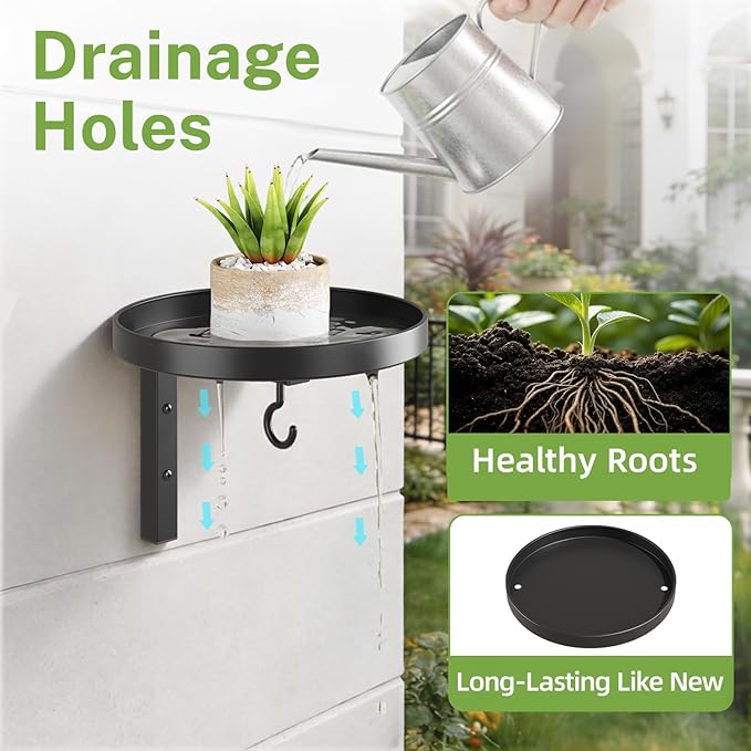 iDavosic.ly Wall Plant Holder Set of 2 for Outdoor with Drain Hole, Metal Hanger with 2 Hooks, Floating Flower Display Stand for Window, Space Saving & Easy to Assemble (Pots/Plants Not Included) iDavosicly
