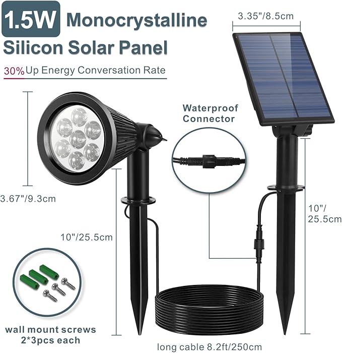 Solar Spotlight Outdoor, Bright 7-LED Flag Pole Spot Light with Separate Panel Waterproof, Dusk-to-Dawn Uplight Flagpole Lights, Landscape Ground Wall Solar Lighting for Tree, House (White, 2pcs) SFSUNFUNY