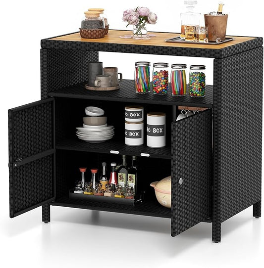 Tangkula Rattan Outdoor Storage Cabinet, Patiojoy Outdoor Cabinet with Acacia Wood Countertop, Open Compartment, 2-Door Wicker Sideboard, Outdoor Bar for Patio Garden Backyard Poolside (Black) TANGKULA
