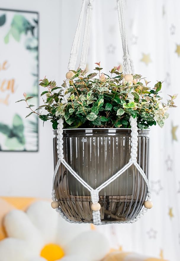 Melphoe Self Watering Hanging Planters for Indoor, 1 Pack 8.3 Inch Outdoor Hanging Plant Pot Basket, 2 Kinds of Plant Hangers Macrame 35.5’’ & Metal Chain 19.6’’ for Garden Home Decor Melphoe