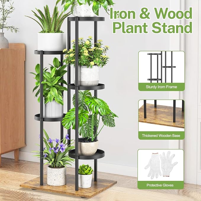iDavosic.ly 5 Tier Plant Stand Indoor Outdoor, Tiered Corner Multiple Flower Pot Holder Shelf, Metal 37 Inch Tall Display Rack for Patio Porch Living Room Garden Balcony, Modern Black & Rustic Brown iDavosicly