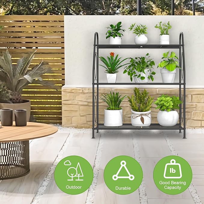Plant Stand, 3 Tier Plant Shelf for Indoor Outdoor, Heavy Duty Metal Outdoor Plant Stand Holder Rack for Living Room Balcony and Garden, Iron Wire, Black VyGrow