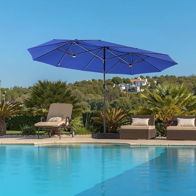 DUMOS 15FT Large Patio Umbrella with Base Included, Heavy Duty Extra Wide Outside Umbrella with 12 Ribbed Bars, Rectangle Outdoor Table Umbrella for Patio, Backyard, Pool, Deck & Garden, Blue DumosLifestyle