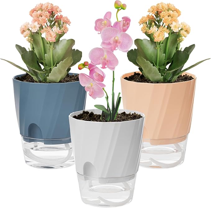 KIMCHOMERSE Self Watering Plant Pots, 4.7 Inch Plant Pots 3 Pack Indoor Planter Pots with Drainage Holes and Tray for Home Decor（White, Pink, Blue） KIMCHOMERSE