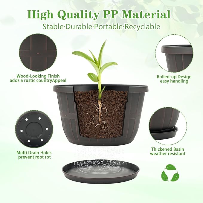 Quarut 14 Inch Plastic-Flower-Pot-for-Indoor-Plants, 4 Pack Large Outdoor Planter Pot with Drainage Holes & Saucers, Resin Decorative Garden Pots Planters（Brown） Quarut