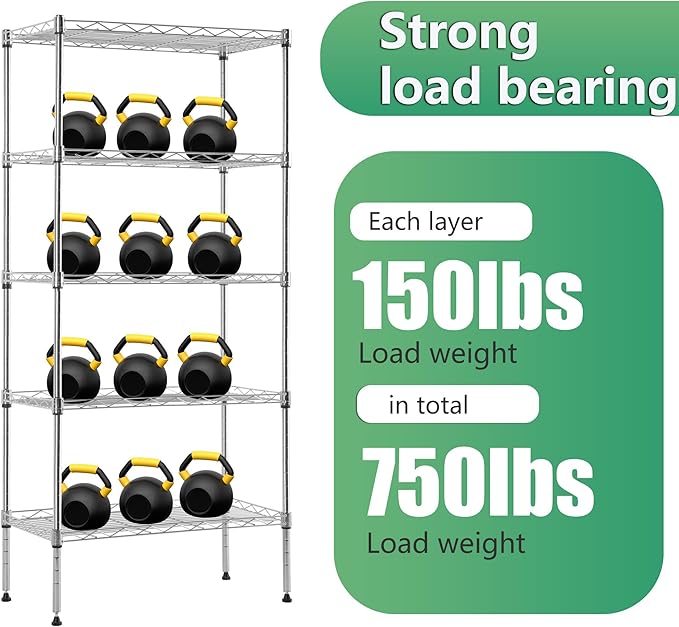 BestOffice | 5-Tier Wire Storage Shelves | 22x12x48 | Chrome | with Adjustable Racks | Heavy-Duty Metal Shelf, Holds Upto 750 lbs | No-Tool Assembly | Ideal for Home & Garage Shelving BestOffice