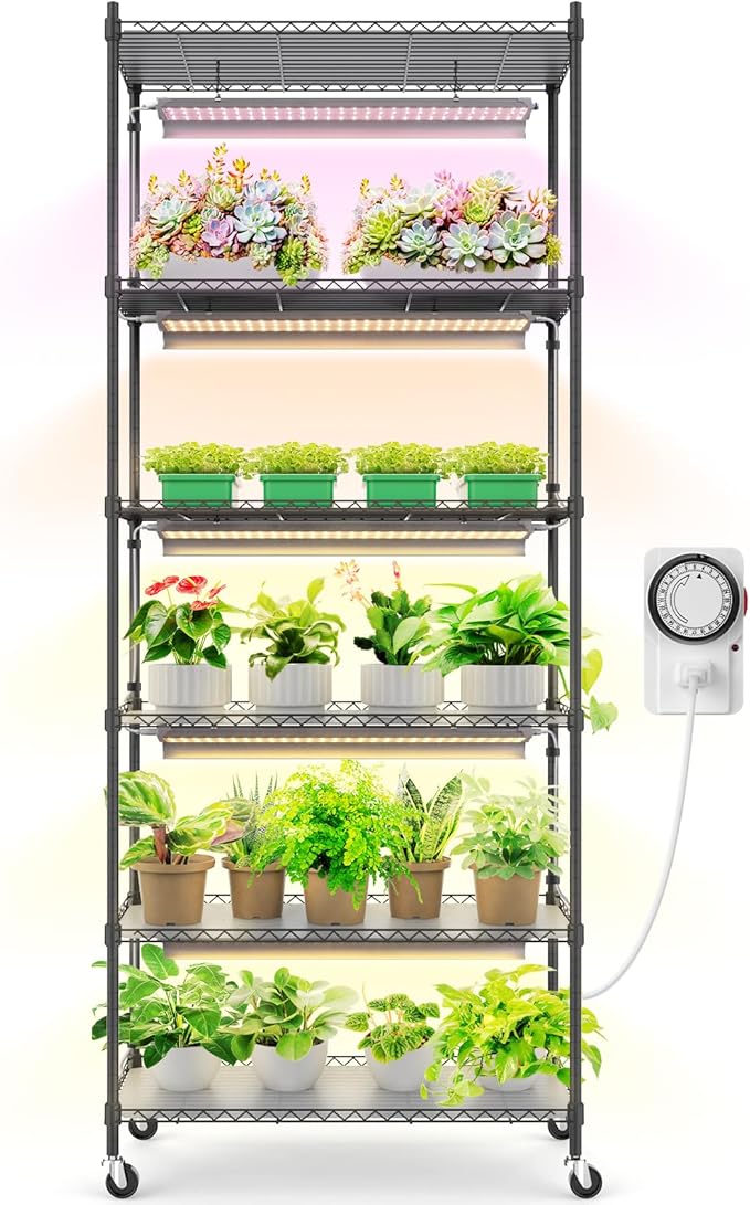 Barrina CX2 Plant Stand with Grow Lights for Indoor Plants, 6-Tier Metal Plant Shelf Display Rack with 2FT 150W Full Spectrum Plant Light, 3 Adjustable Spectrum, Timer, for Growing, 29.5x13.8x71IN Barrina