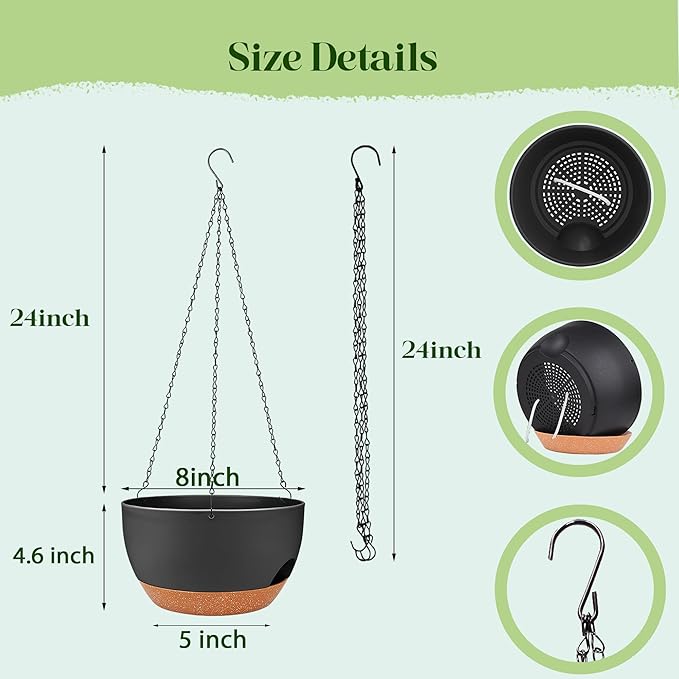 Set of 2-8 Inch Self Watering Hanging Planters for Indoor Outdoor，Hanging Plant Pots with Drainage & Removable Tray, Hanging Pots Holder for Ivy, Pothos, Ferns, Balcony & Patio, Black Brown zople