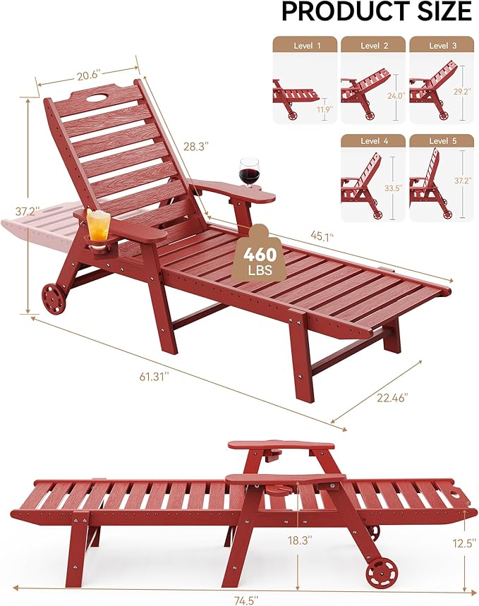 Carauci Lounge Chair Outdoor Set of 2, HDPE Chaise Lounge with Wheels, 5-Position Adjustable Backrest & 2 Cup Holders Patio Lounge Chair, All-Weather Pool Sun Lounger for Poolside, Backyard, Red Carauci