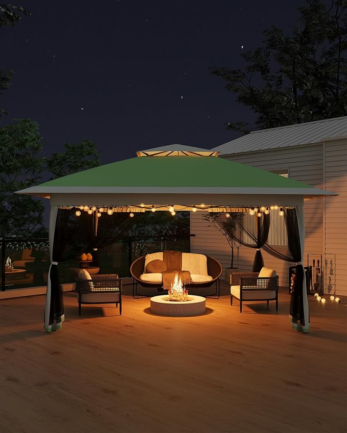 Canopy Tent 13x13 ft, Pop Up Gazebo One-Push Setup with 4 SandBags for Backyard Parties and BBQs, Mosquito Netting & Height Adjustable - Olive Green GarveeLife