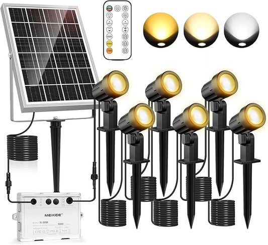 MEIKEE 6 in 1 Solar Spotlights Outdoor, 6W/6V Solar Powered Landscape Lights IP66 Waterproof Auto On/Off Landscape Spotlights with 3 Colors 56ft Cord for Garden Path Yard Patio Light MEIKEE