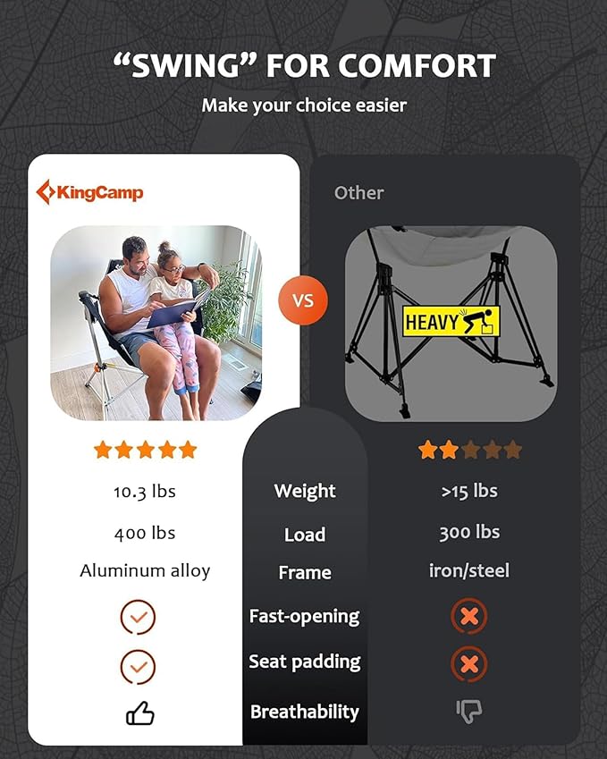 KingCamp Hammock Camping Chair, Swinging Portable Folding Camp Chairs for Adults Max 400lbs Heavy Duty Foldable Oversized Rocker with Aluminum Alloy Frame Cup Holder for Outdoor Beach Patio Sport KingCamp