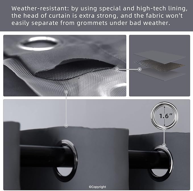 Water Proof Outside Curtains with Grommet Top for Porch, W52 x L72 Thermal Insulated Washable Light Block Outdoor Divider Drapes for Patio Gazebo Deck Pool Area Pergola Cabana (Gray, 2 Panels) DivaenCamino