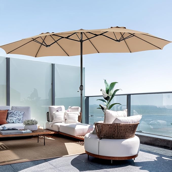 DUMOS 15FT Large Patio Umbrella with Base Included, Rectangle Table Umbrella Outdoor Patio, Outside Umbrellas for Deck, Market, Backyard, khaki DumosLifestyle