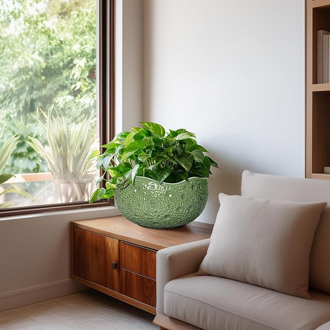 Ceramic Pots for Plants - 10 Inch Plant Pot for Indoor Outdoor, Round Bonsai Pots with Drainage Hole, Modern Planter, Decorative Flower Pot, Living Room Decor, Gifts for Plant Lovers, Green Thirtypot