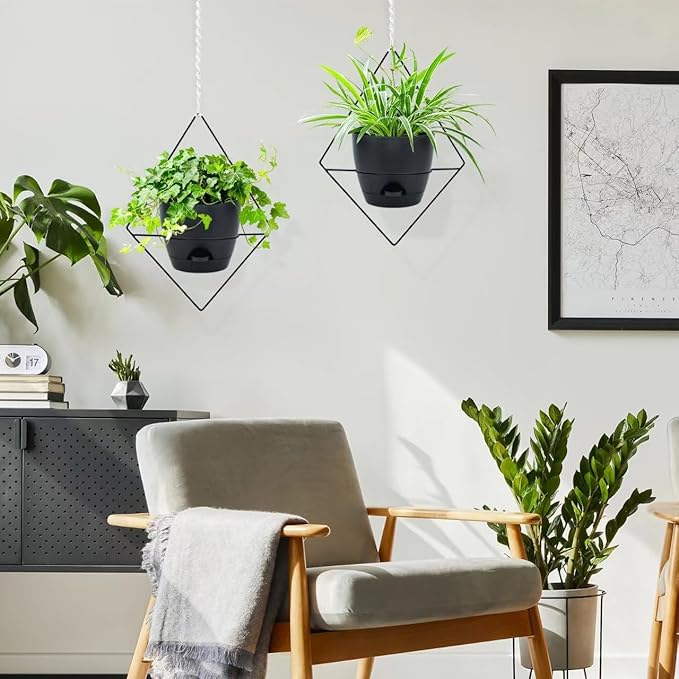 Hanging Planters for Indoor Plants, 2 Set Self Watering Hanging Flower Pots, Modern Hanging Plant Baskets with Metal Plant Holder & 6.5 Inch Plastic Pots for Garden Home Decor (Black) Koalaime