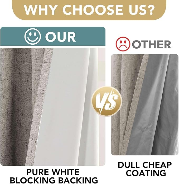 H.VERSAILTEX Linen Blackout Curtains 45 Inches Long 100% Absolutely Blackout Thermal Insulated Textured Linen Look Curtain Draperies Anti-Rust Grommet, Energy Saving with White Liner, 2 Panels, Stone HVERSAILTEX