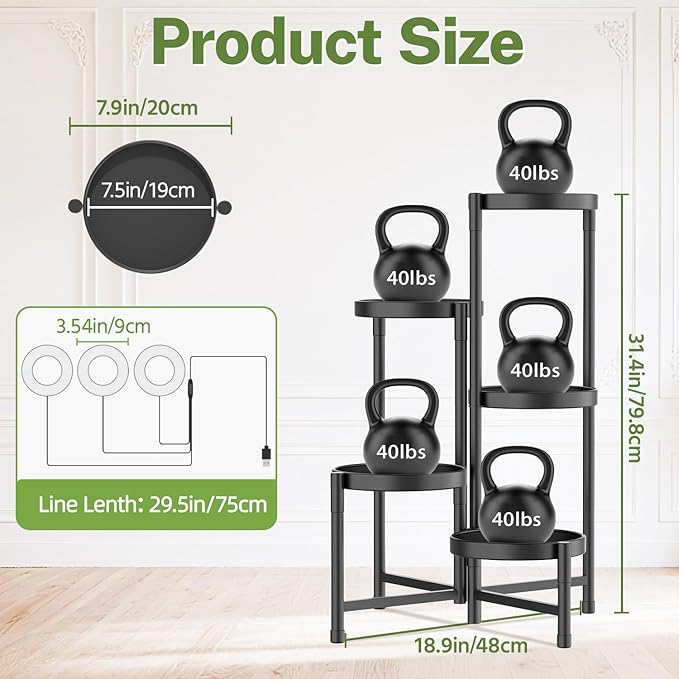 iDavosic.ly Plant Stand Indoor with Grow Light, 5 Tier Corner Metal Flower Display Holder Shelf, Easy Assembly Folding Tall Orchid Rack for Patio Balcony Porch Garden Living Room House, Black iDavosicly
