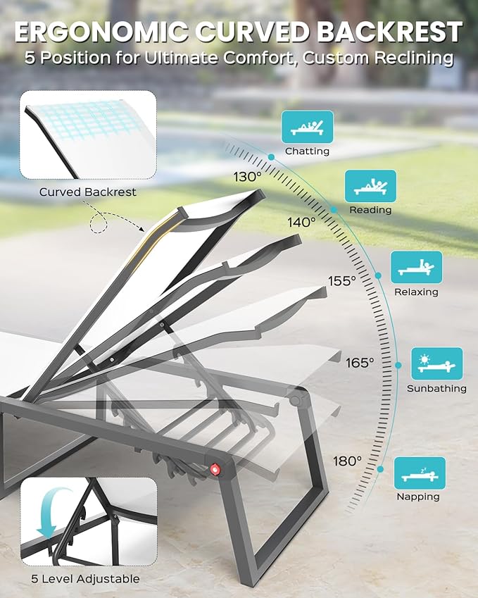 Aluminum Chaise Lounge Outdoor Set of 2, Foldable & Assembly Free Patio Pool Lounge Chairs 5-Position Recliner for Outside Poolside, Fully grounded legs Sun Lounger for Beach, Yard, Bright White Oasbira