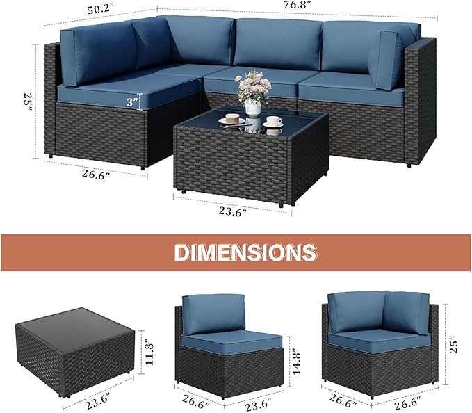 JAMFLY Patio Furniture Sets, 6-Piece Outdoor Patio Furniture with 43'' Propane Gas Fire Pit Table, Wicker Outdoor Conversation Set Sectional Sofa for Backyard, Poolside, Garden, Aegean Blue JAMFLY