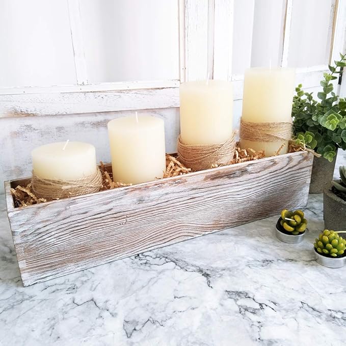 1 Pcs Wood Planter Rectangle Whitewashed Rectangular Decorative Wooden Box with Inner Plastic Box - 17.3" L x 3.9" W x 3.9" H Floral Natural Centerpieces Rustic Wedding Decor Winlyn