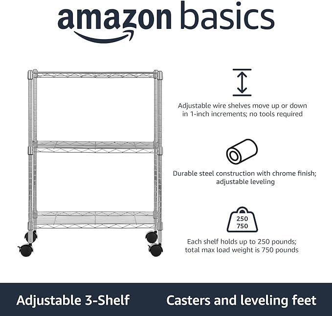 Amazon Basics 3-Shelf Heavy Duty Adjustable Wire Shelving Storage Rack on 2" PP Plastic Wheel Casters, Steel Utility Shelving Unit for Garage and Laundry Room, 23.2" x 13.4" x 32.75", Chrome AmazonBasics