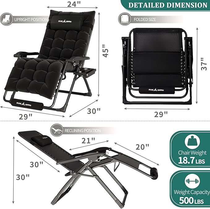 UDPATIO Oversized Zero Gravity Chair 29In XL Patio Reclining Chair with Cushion, Outdoor Folding Recliner with Pillows|Cup Holder|Foot Rest|Padded Headrest, Black, Support 500LB UDPATIO