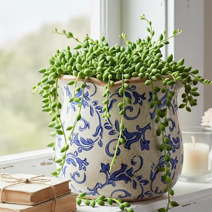 Retro Distressed Ceramic Flower Pots, Antique Crackle Glaze Planters with Drainage for Indoor Plants, Blue and White Chinoiserie Pottery Vase for Living Room Balcony Office Decor, Gardening Gifts XiaanJiaju
