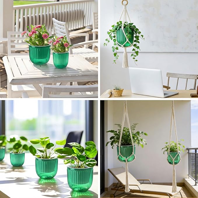 6 Pack Self Watering Hanging Planters Indoor Flower Pots(4.5"+6.5") Visible Water Level Markers 3 Hanging Ropes with Drainage Holes for Indoor Outdoor Garden Home Decor Supplies(Emerald) Yiyiring