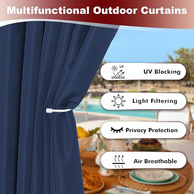 HolidayIdeas Grommet Outdoor Curtains for Patio Waterproof 8 Pcs All Weather Balcony Outside Curtains for Apartments, Gazebo, Pergolas, Porch, 54x84 Inch, Navy HolidayIdeas