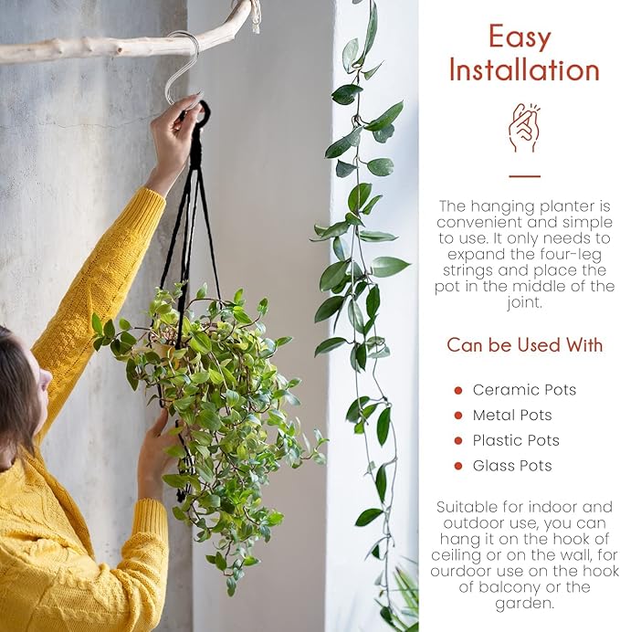 Feedee Macrame Plant Hangers - 6 Pack, Black, Indoor/Outdoor, Cotton Feedee