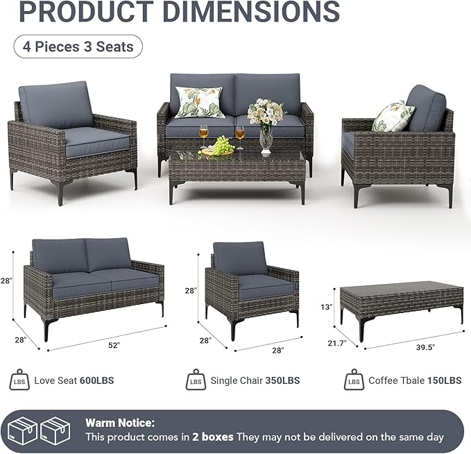 Jing's Villa 4-Piece Outdoor Sectional Sofa Set, All-Weather Wicker Patio Furniture with L/R Armrest & Tempered Glass Table, Comfortable Garden Conversation Set for Backyard, Poolside, Deck,Grey JingsVillaOutdoorFurniture
