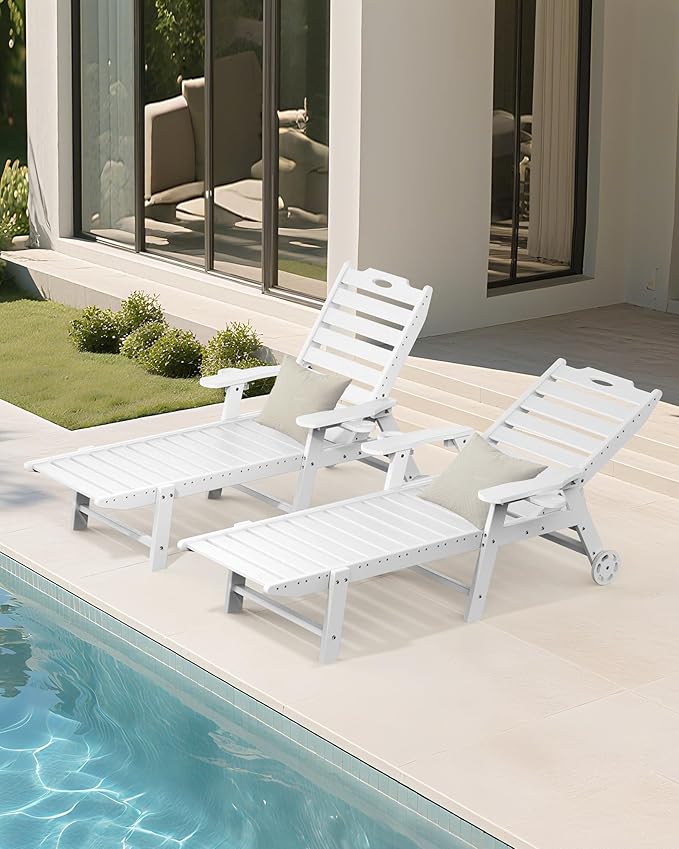 Carauci Lounge Chair Outdoor, HDPE Chaise Lounge with Wheels, 5-Position Adjustable Backrest & 2 Cup Holders Patio Lounge Chair, All-Weather Pool Sun Lounger for Poolside, Backyard, White Carauci