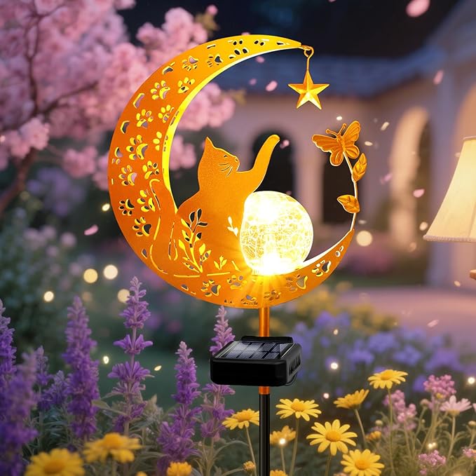 YJFWAL Garden Solar Cat Lights Pathway Stake Lights Glass Globe with Moon Cat Decor, Christmas Gift for Mom Grandma Friends, Outdoor Decor Light Waterproof for Walkway, Patio or Garden (Warm White) YJFWAL