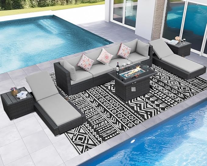 NICESOUL 9 Piece Patio Set with Fire Pit Table Natural Gas/Propane, 29.3'' High Backrest XL Large Outdoor Furniture with Firepit & Chaise Lounge, Wide & Deep Seating Wicker Sectional, Light Grey NICESOUL