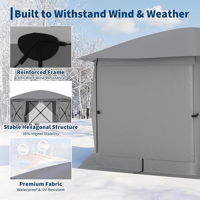 13x13FT 6-Sided Pop Up Gazebo Tent，One-Push Setup Canopy Tent with Removable Canopy Top & Wind Cloths, Outdoor shelter for Camping, Backyard Parties, Outdoor Events - Grey GarveeLife