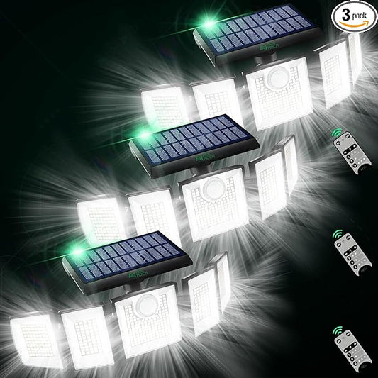 Solar Lights Outdoor Waterproof Motion Sensor - 416 LEDs 3000 Lumens Super Bright 3 Brightness 3 Modes 2400mAh 360° Illumination 32ft Solar Flood Security Light for Outside (‎With Remote Control, 3) MDCMDCMSolarLightsOutdoor