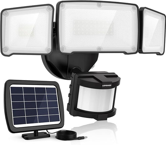 LEPOWER 1600LM LED Solar Security Lights Motion Outdoor, 5500K White Light, IP65 Waterproof Outdoor Flood Solar Light for Yard, Garage（Black） LEPOWER