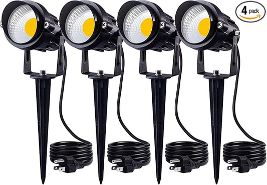 SUNVIE 120V Spot Lights Outdoor LED Landscape Lighting 12W AC Spotlights for Yard Waterproof Landscape Spotlight with Spiked Stake for Tree Garden Pathway Warm White Flag Lights US 3-Plug in, 4 Pack SUNVIE