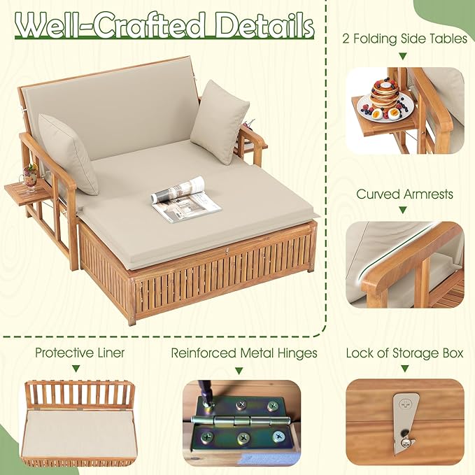 Tangkula Outdoor Acacia Wood Daybed with Storage Ottoman, Wood Patio Loveseat Sofa with 4-Level Backrest & Removable Cushions, 2 Folding Side Tables, Patio Recliner Lounger for Poolside, Backyard TANGKULA