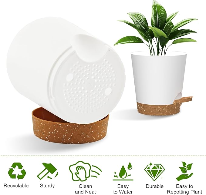 Self Watering Pots, 7/6.5/6/5.5/5/4 inch Flower Pots with Multi Mesh Drainage Holes, Small Platic Planters for Indoor Outdoor Garden Plants and Flowers (Whtie with Brown Tray, 7"+6.5"+6"+5.5"+5"+4") Rootora