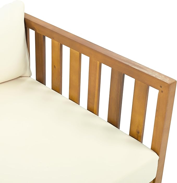 Christopher Knight Home Claremont Outdoor 3 Seater Acacia Wood Daybed with Fabric Water Resistant and Removable Cushions, Patio Garden Poolside Sofa with Slat Paneling Armrest and Back, Teak and Beige ChristopherKnightHome