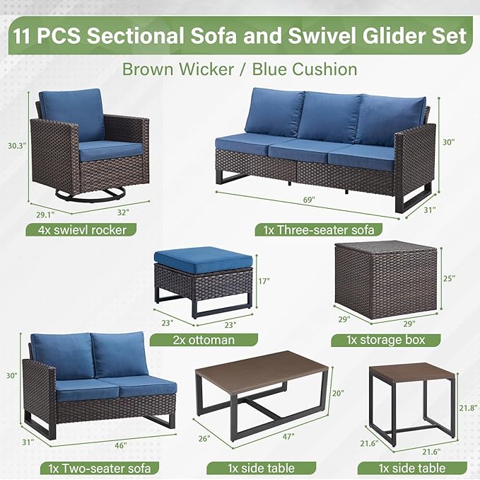 Belord Spacious 11 Pieces Patio Conversation Set - 5-Seater Outdoor Furniture Sectional Sets with Swivel Glider Chairs Set of 4 and Storage Box, Metal Top Coffee Table with Embedded Ottoman Brown Belord