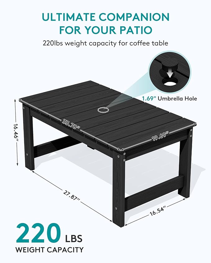 SERWALL Outdoor Coffee Table, HDPE Patio Coffee Table for Outside, Rectangle, Black SERWALL