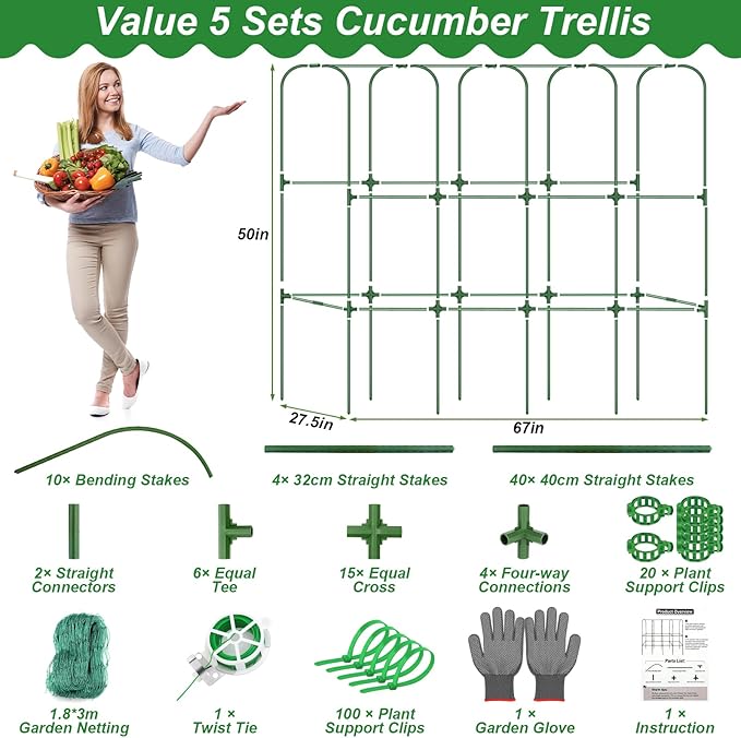 67 x 50 Cucumber Trellis for Raised Bed, U-Shape Metal Large Garden Trellis for Climbing Plants Outdoors with Netting, Garden Tools, Cucumber Arch Trellis for Vegetable Fruit Flower Plant Support Qinzave