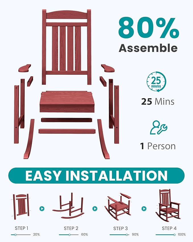 SERWALL Oversized Outdoor Rocking Chair, All-Weather Patio Rocking Chair, HDPE Porch Rocker for Adults, Red SERWALL